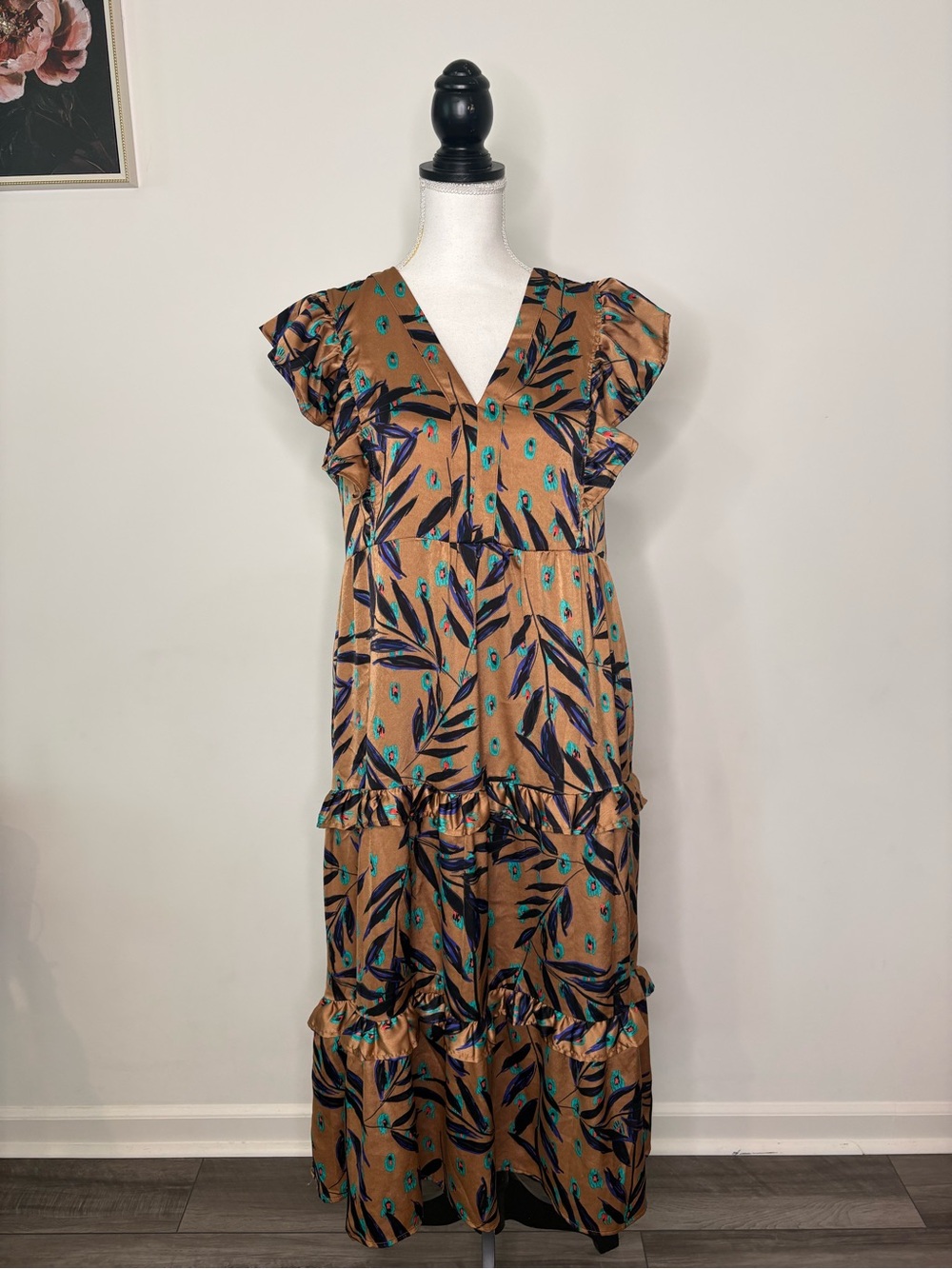 Entro Floral Ruffle Maxi Dress Small Boho Satin Brown Teal Tiered V Neck - Picture 2 of 7
